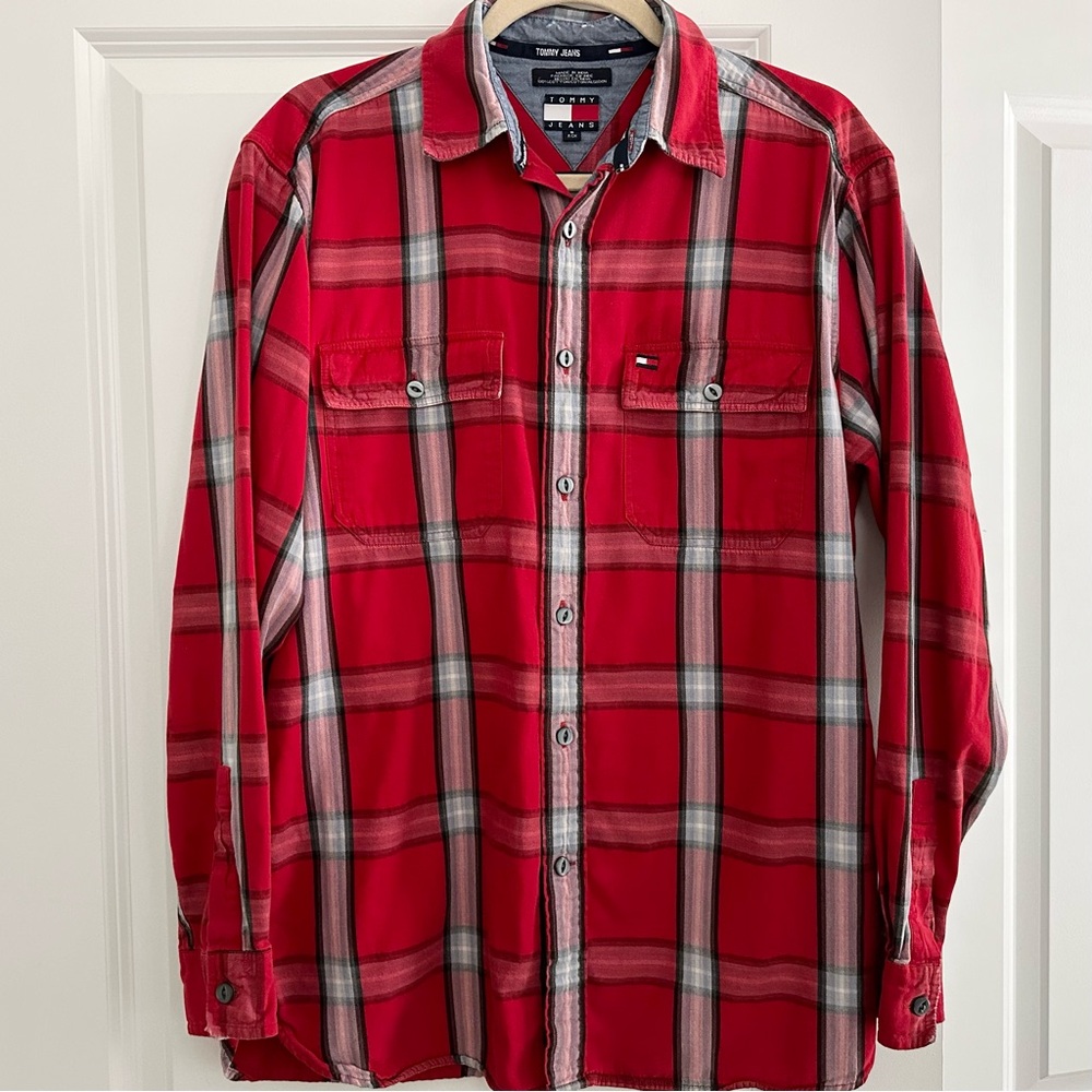 Vintage Tommy Hilfiger Y2K Tommy Jeans Red Plaid Long Sleeve Button Down Shirt